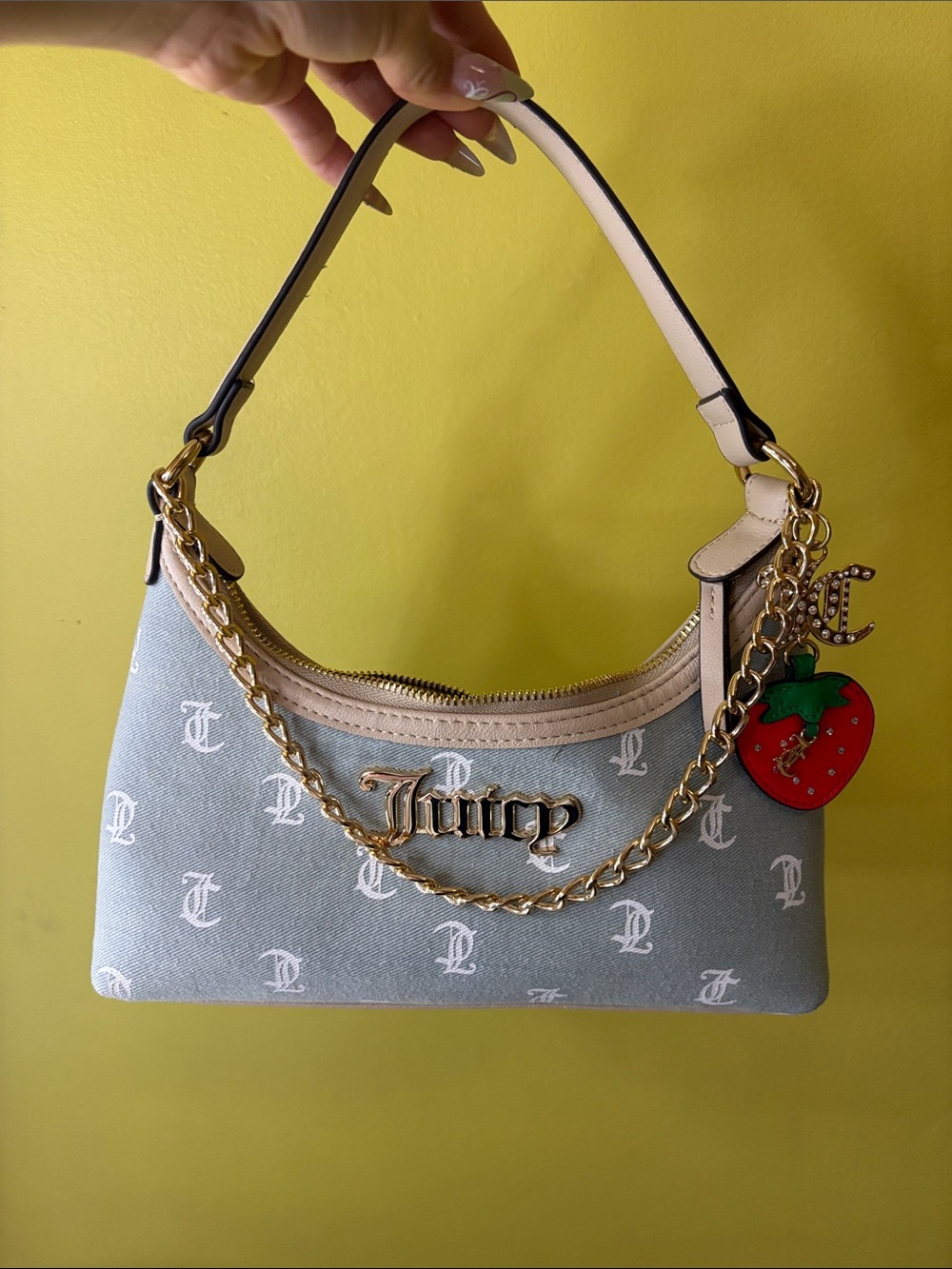 Juicy Couture Pale Blue Mini Shoulder Bag with Cream Trim & Gold Hardware